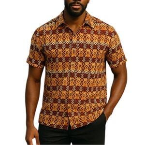 WOODIN Mens African Tribal Print Button Shirt Brown Orange Short Sleeve Size XL